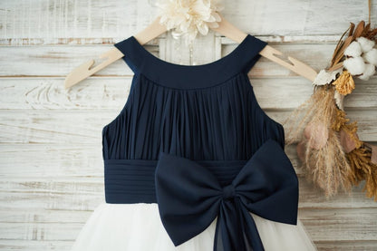 Navy Blue Chiffon Ivory Tulle Halter Neck Wedding Flower 