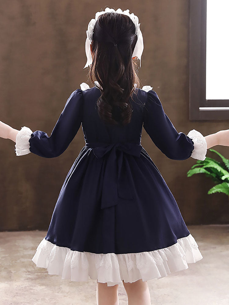 Navy Blue Designed Neckline Tulle Long Sleeves Short A-Line Bows Kids Party Dresses-showprettydress