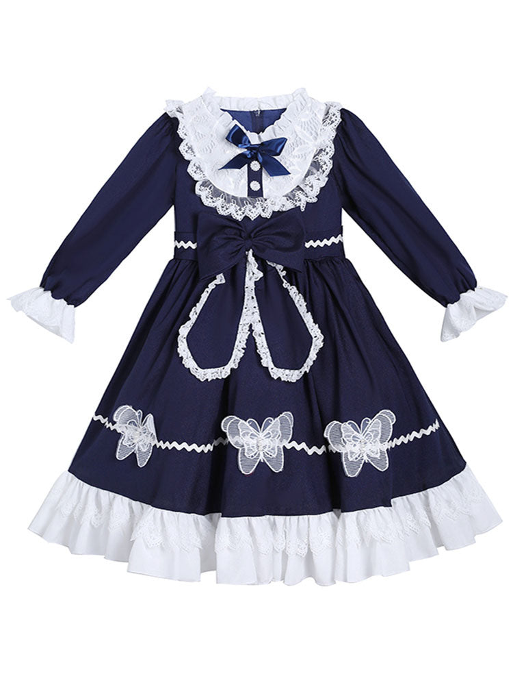 Navy Blue Designed Neckline Tulle Long Sleeves Short A-Line Bows Kids Party Dresses-showprettydress