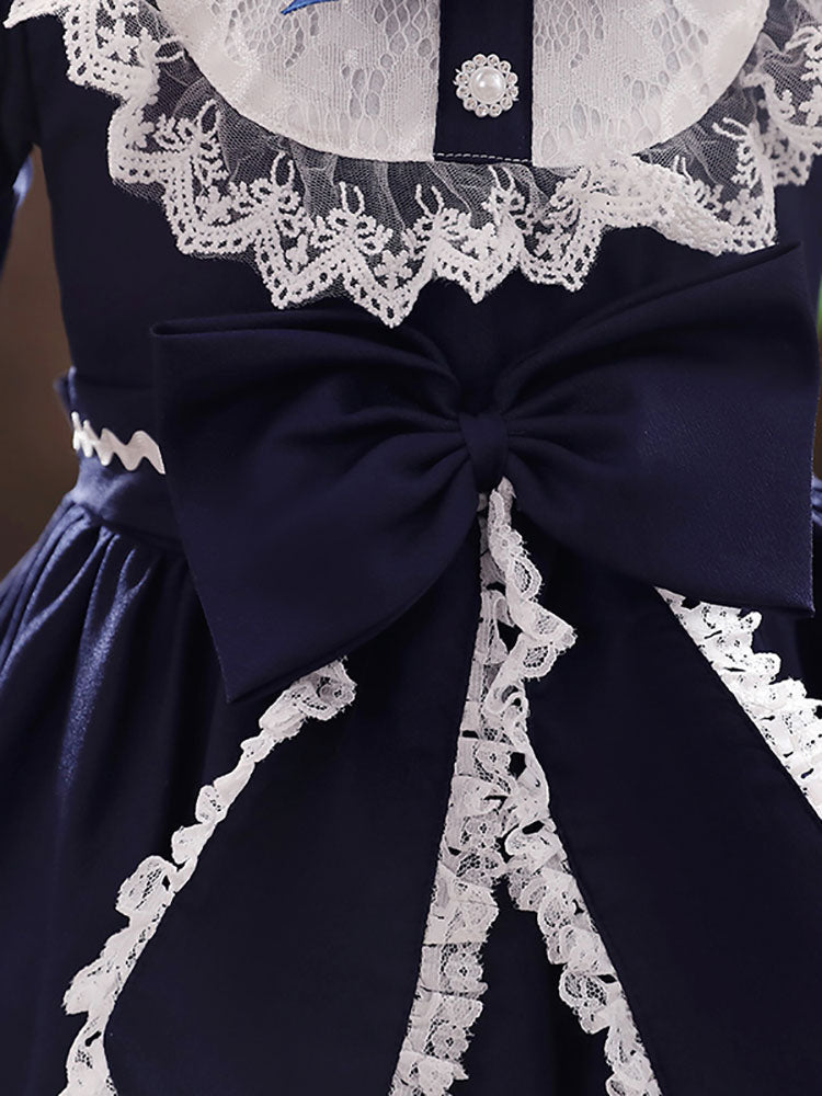 Navy Blue Designed Neckline Tulle Long Sleeves Short A-Line Bows Kids Party Dresses-showprettydress