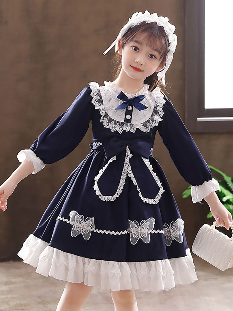 Navy Blue Designed Neckline Tulle Long Sleeves Short A-Line Bows Kids Party Dresses-showprettydress