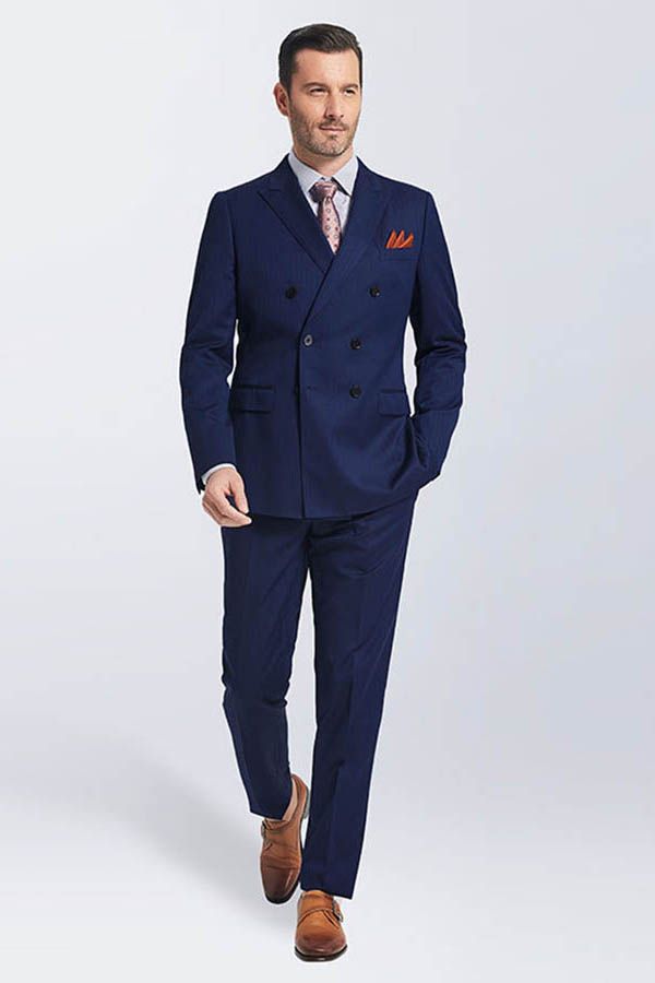 Navy Blue Double Breasted Peak Lapel Slim Fit Mens Suits-showprettydress