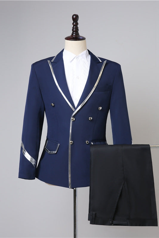 Alonzo Navy Blue Double Breasted Peaked Lapel New Arrival Prom Suits