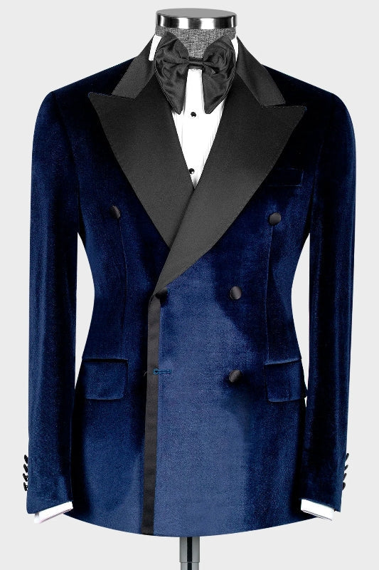 Harry New Arrival Navy Blue Peaked Lapel Double Breasted Velvet Prom Suits