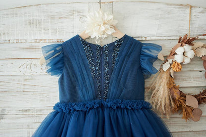 Navy Blue Glitter Tulle Cap Sleeves Beaded Wedding Flower 