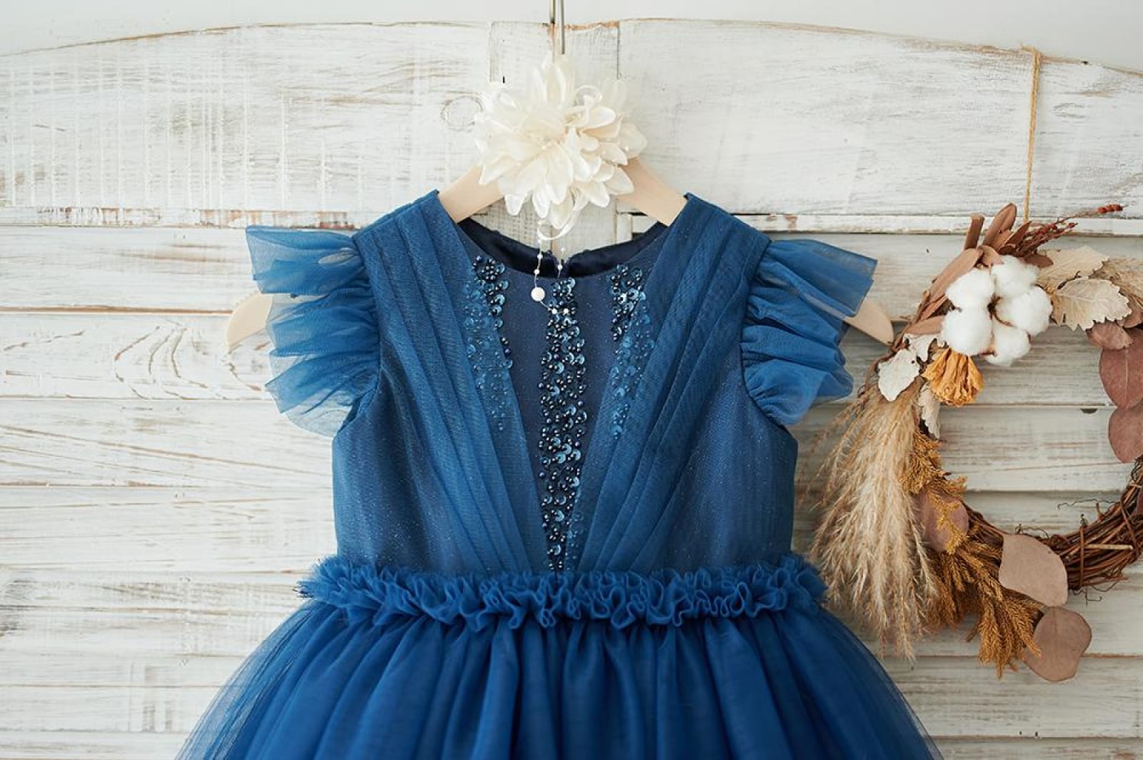 Navy Blue Glitter Tulle Cap Sleeves Beaded Wedding Flower 