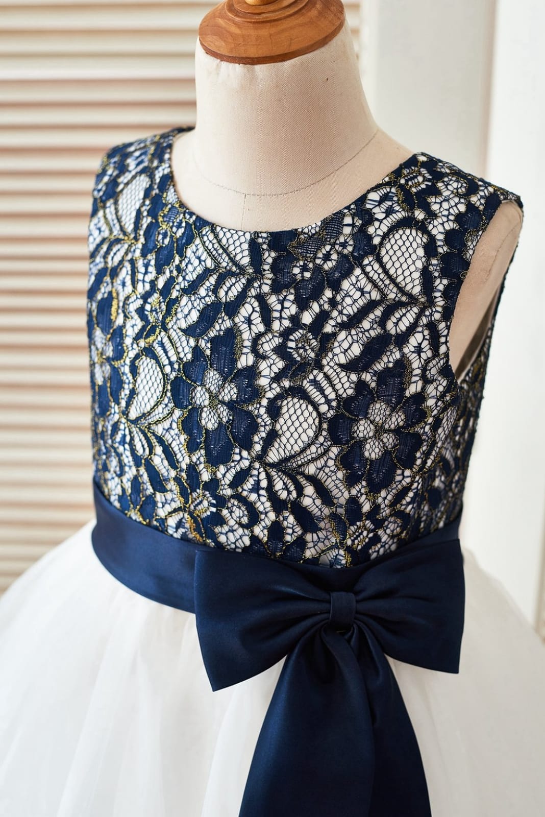 Navy Blue Gold Lace Ivory Tulle Wedding Flower Girl Dress