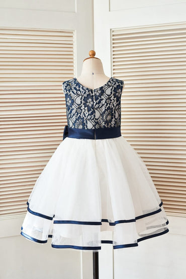 Navy Blue Gold Lace Ivory Tulle Wedding Flower Girl Dress