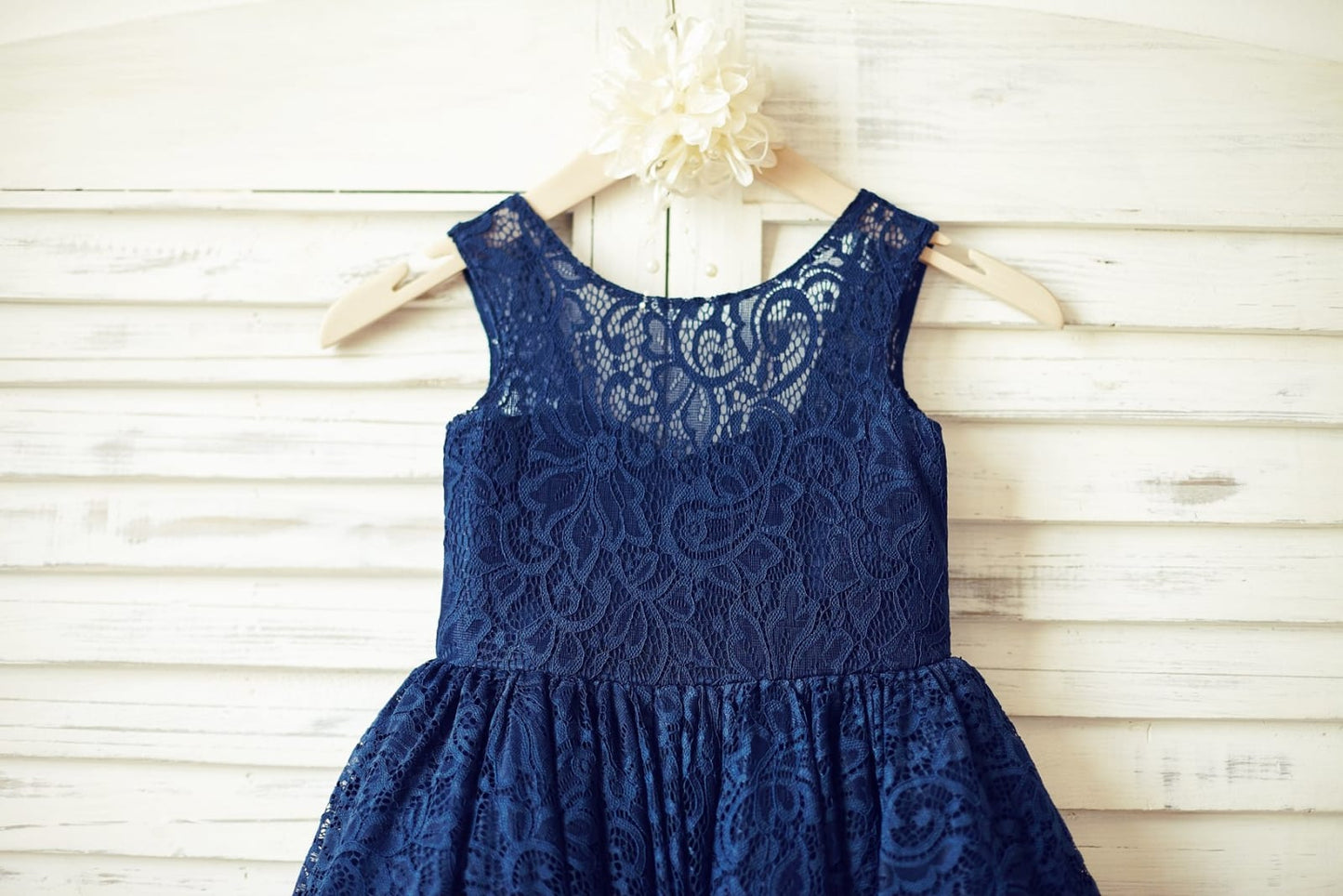 Navy Blue Lace Flower Girl Dress with V back and big bow