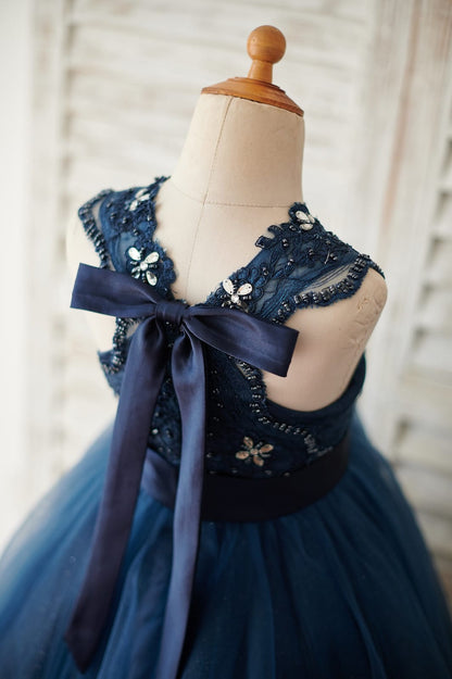 Navy Blue Lace Glitter Tulle Beaded Cross Back Wedding 