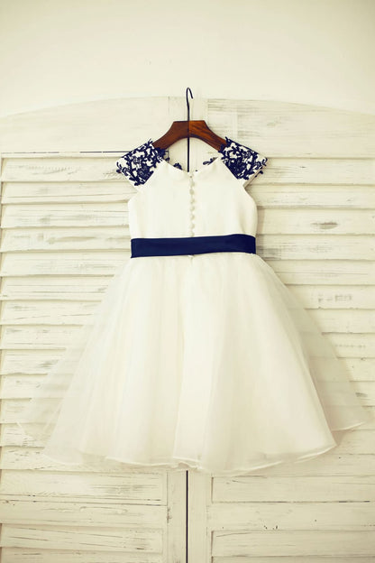 Navy Blue Lace Ivory Satin Organza Flower Girl Dress with 