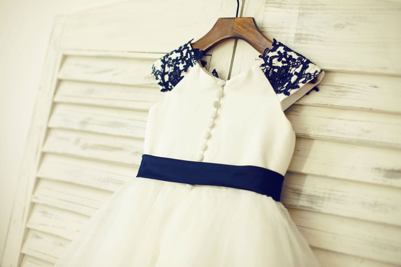 Navy Blue Lace Ivory Satin Organza Flower Girl Dress with 