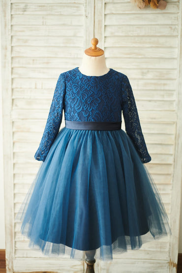 Navy Blue Lace Tulle Long Sleeves Wedding Flower Girl Dress