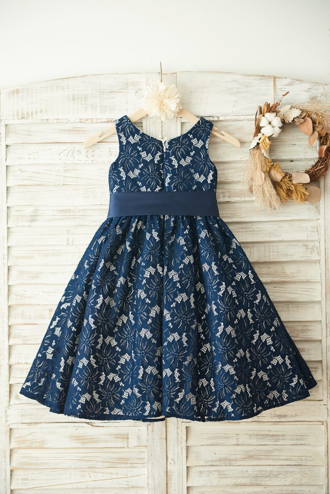 Navy Blue Lace Wedding Flower Girl Dress with Belt