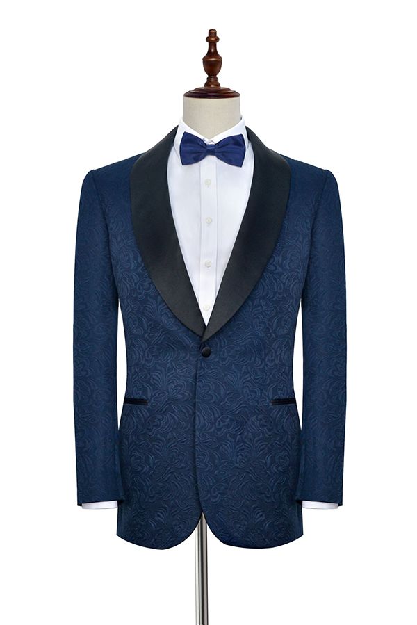 Navy Blue Mens Suits for Weddings Jacquard Black Silk Shawl Lapel Marriage Suits-showprettydress