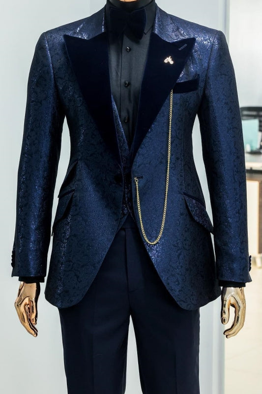 Colin Navy Blue Peaked Lapel Jacquard Three Pieces New Arrival Prom Suits