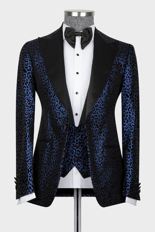 Herbert Fashion Navy Blue Jacquard Peaked Lapel Three Pieces Prom Suits