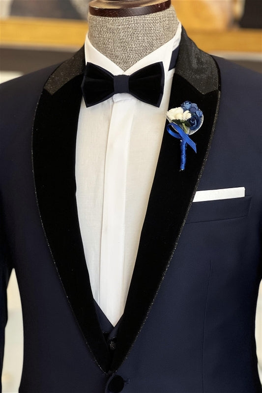 Cecil Fancy Navy Blue Peaked Lapel Two Pieces Men Suits For Prom