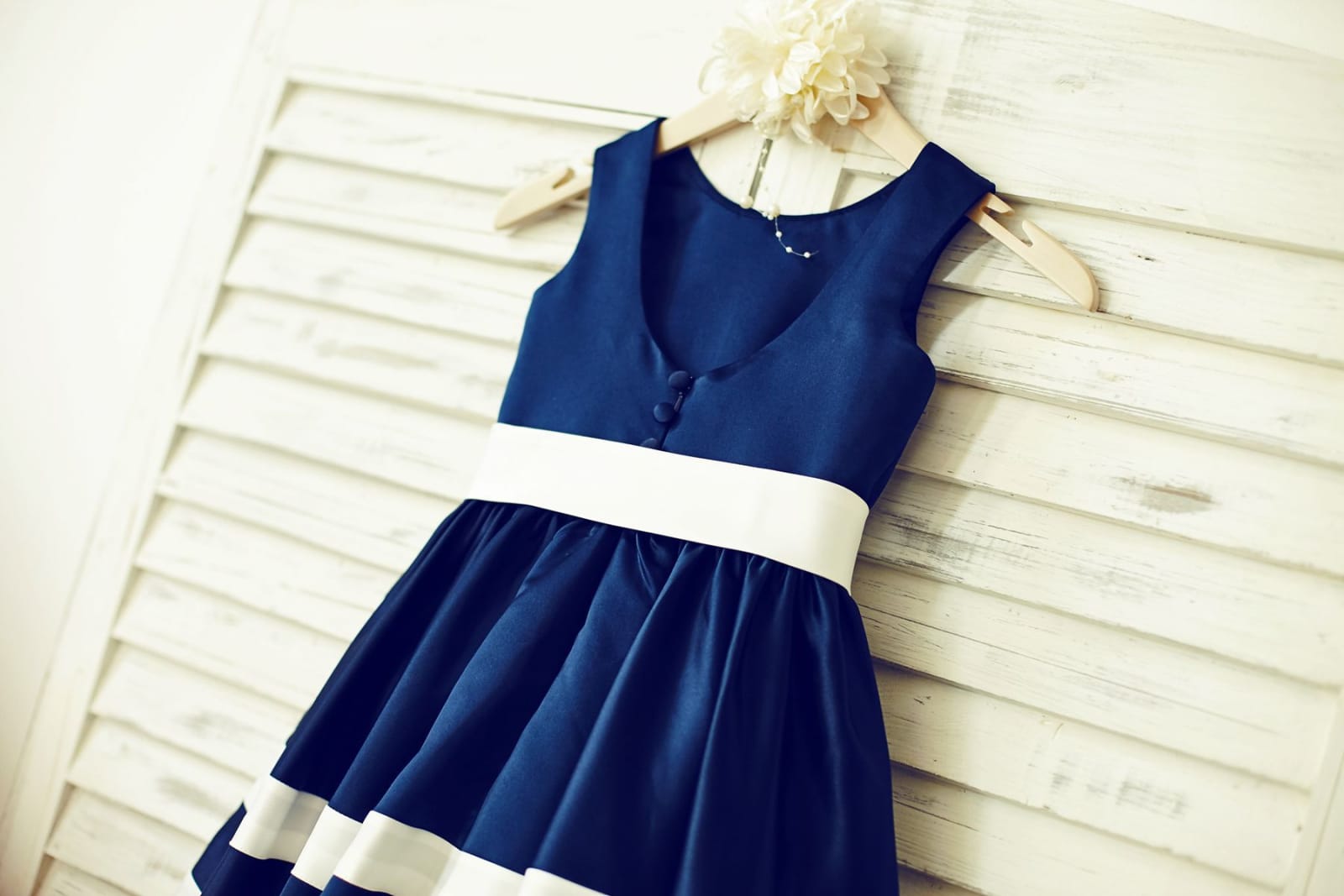 Navy Blue Satin Ivory Striped Flower Girl Dress