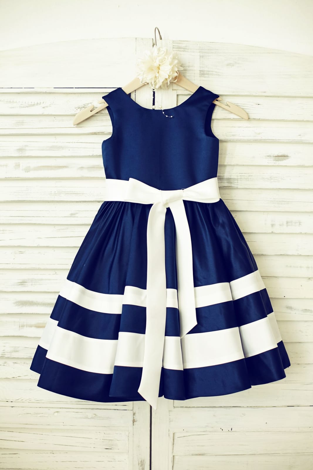 Navy Blue Satin Ivory Striped Flower Girl Dress