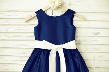 Navy Blue Satin Ivory Striped Flower Girl Dress