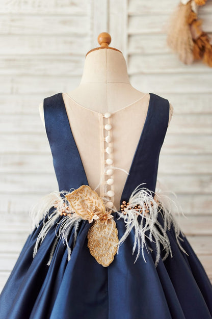 Navy Blue Satin V Neck Wedding Party Flower Girl Dress