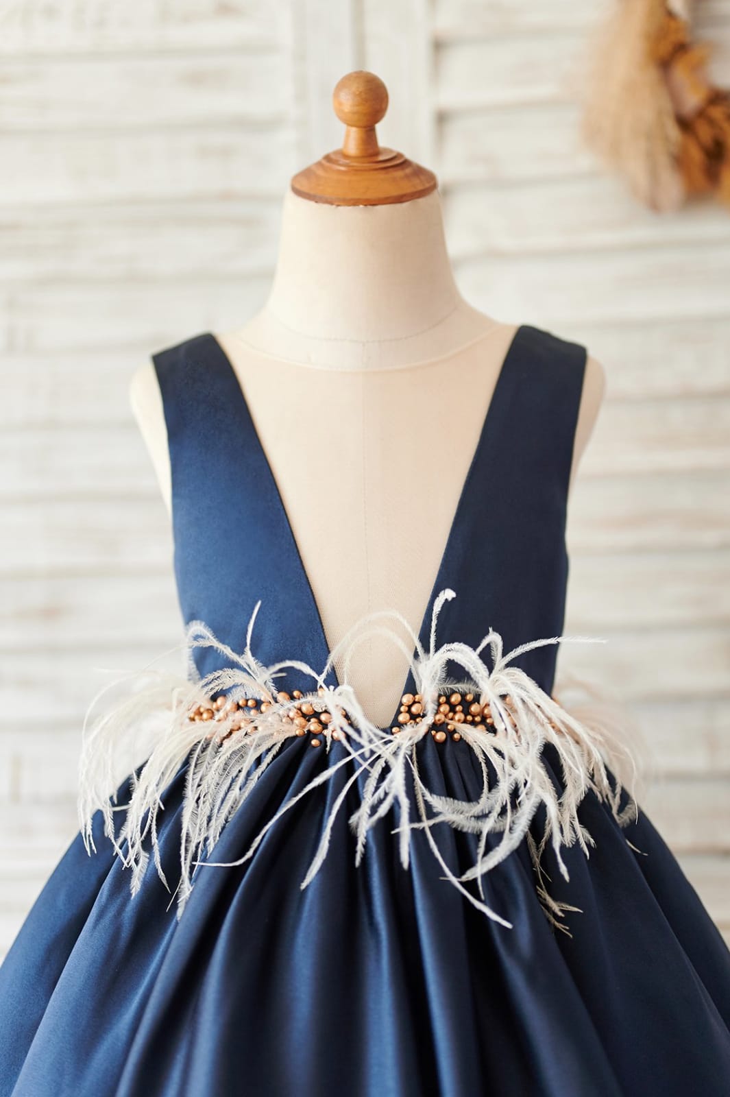 Navy Blue Satin V Neck Wedding Party Flower Girl Dress