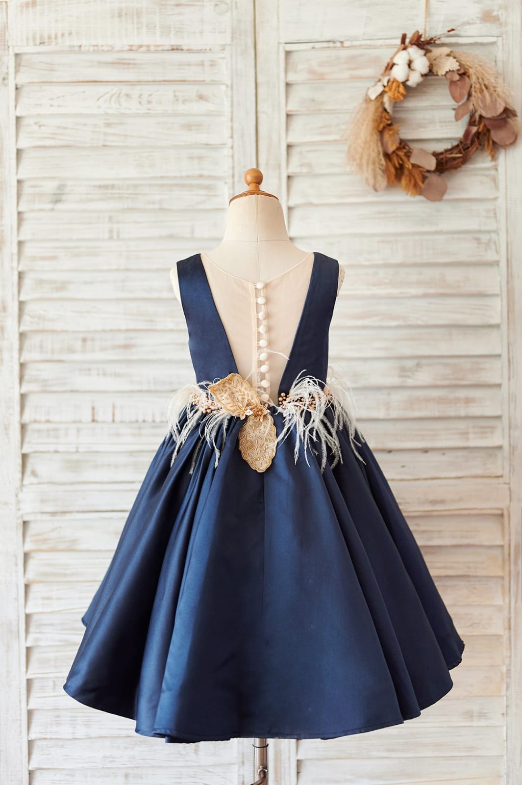 Navy Blue Satin V Neck Wedding Party Flower Girl Dress