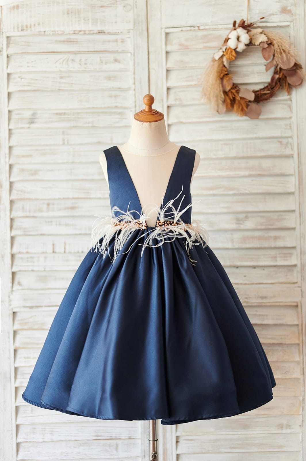 Navy Blue Satin V Neck Wedding Party Flower Girl Dress