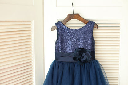 Navy Blue Sequin Tulle Wedding Flower Girl Dress