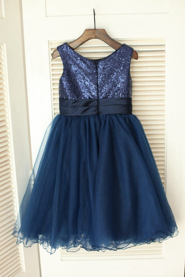 Navy Blue Sequin Tulle Wedding Flower Girl Dress