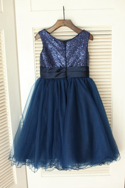 Navy Blue Sequin Tulle Wedding Flower Girl Dress