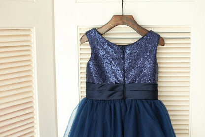 Navy Blue Sequin Tulle Wedding Flower Girl Dress