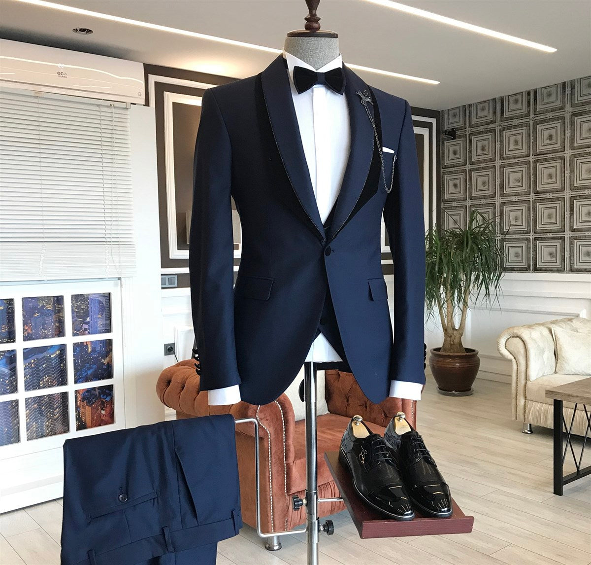 Navy Blue Shawl Lapel One Button Wedding Groom Suits-showprettydress