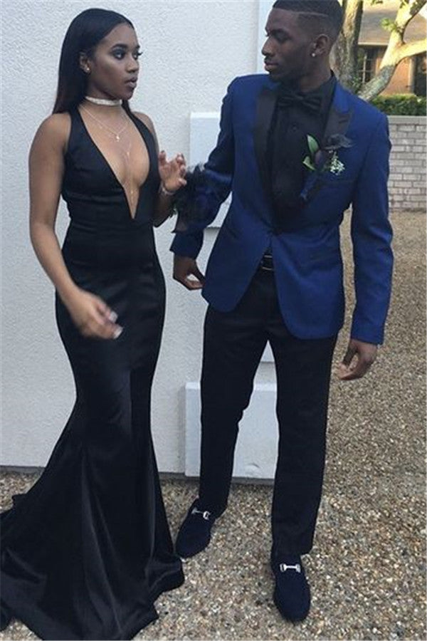 Navy Blue Slim Fit Best Prom Mens Suit with Peaked Lapel-showprettydress