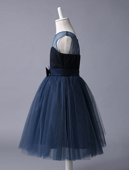 Navy Blue Sweetheart Neckline Tutu Dress Bow Sash Short Kids Formal Party Dress-showprettydress