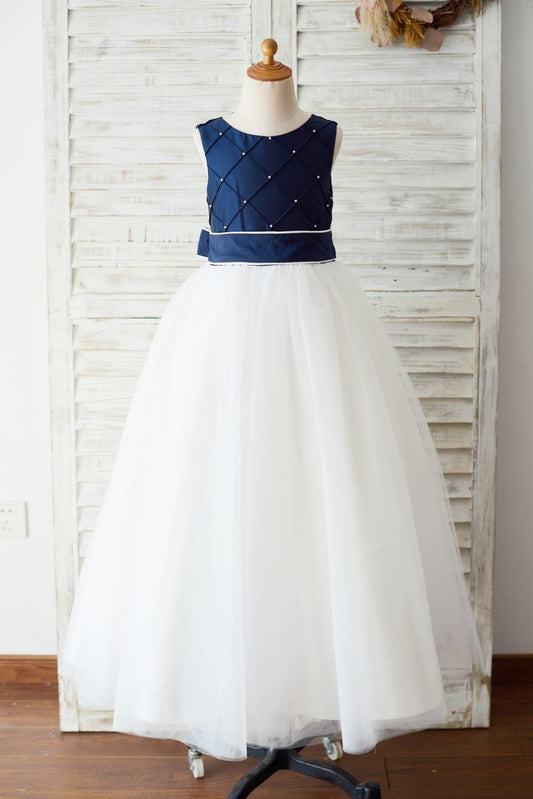 Navy Blue Taffeta Ivory Tulle Wedding Party Flower Girl 