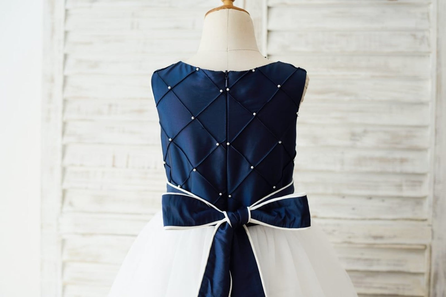 Navy Blue Taffeta Ivory Tulle Wedding Party Flower Girl 