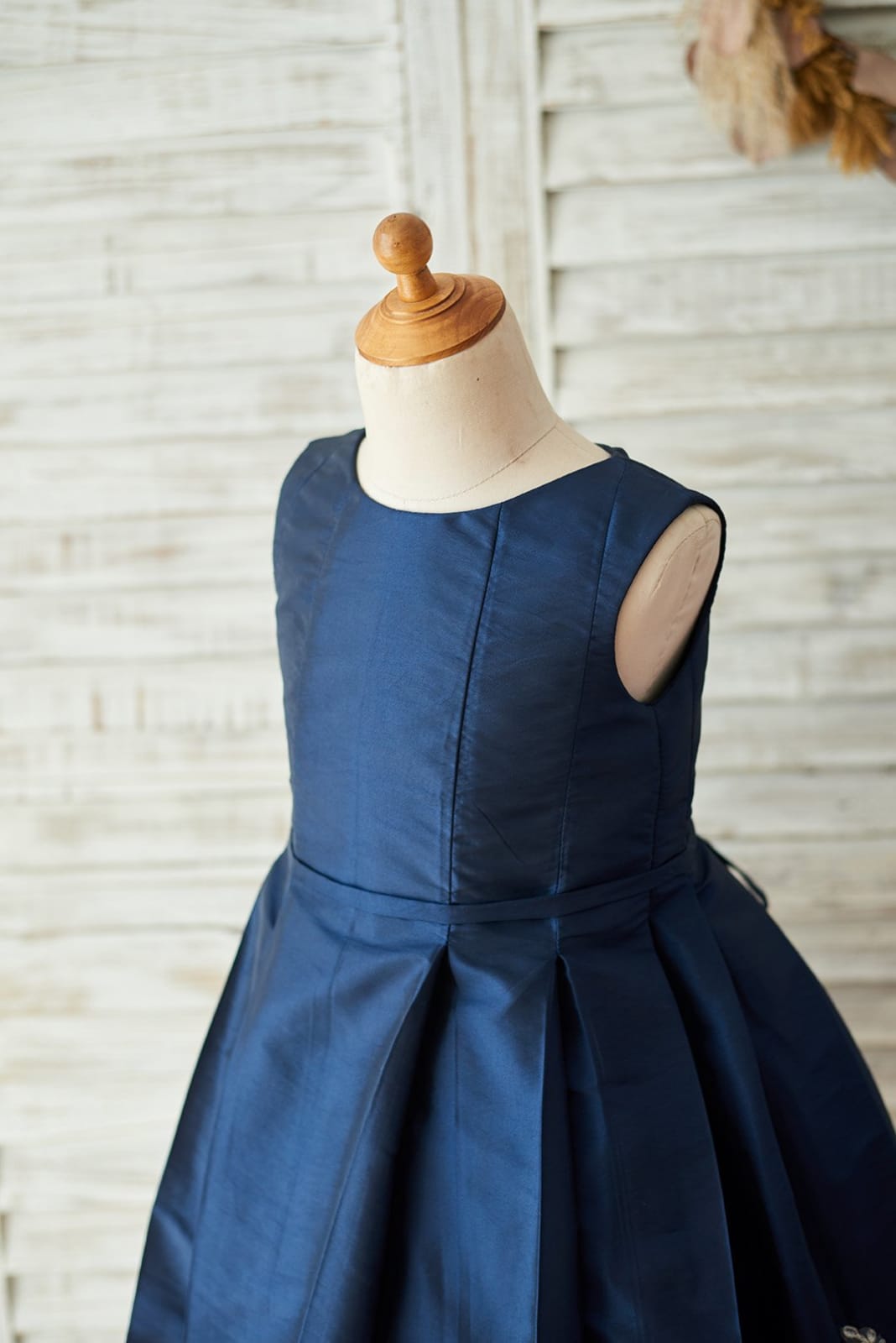 Navy Blue Taffeta Silver Lace Wedding Flower Girl Dress