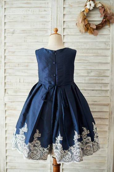 Navy Blue Taffeta Silver Lace Wedding Flower Girl Dress