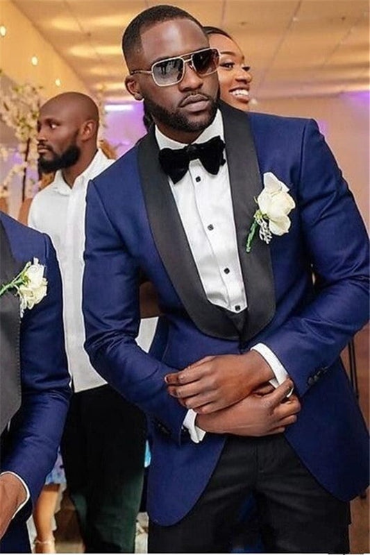 Navy Blue Three Piece Wedding Groomsmen Suit with Black Shawl Lapel-showprettydress