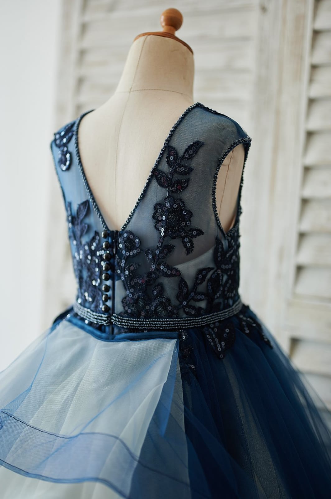 Navy Blue Tulle Organza V Back Wedding Flower Girl Dress 