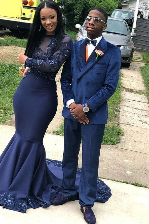 Navy Blue Velvet Men Suit Peaked Lapel Double Breasted Prom Suit-showprettydress