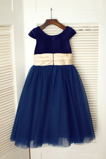 Navy Blue Velvet Tulle Cap Sleeve Wedding Flower Girl Dress 