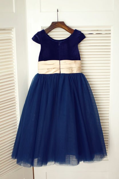 Navy Blue Velvet Tulle Cap Sleeve Wedding Flower Girl Dress 