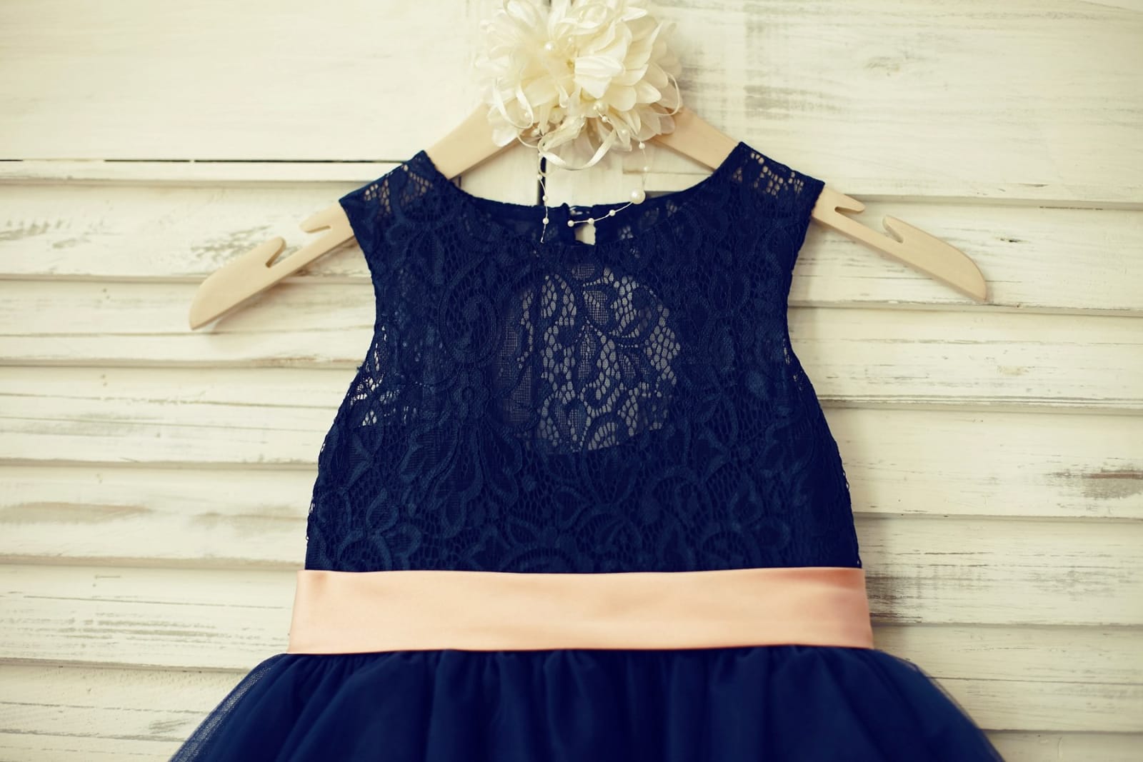 Navy Blue Lace Tulle Flower Girl Dress Keyhole Back with 