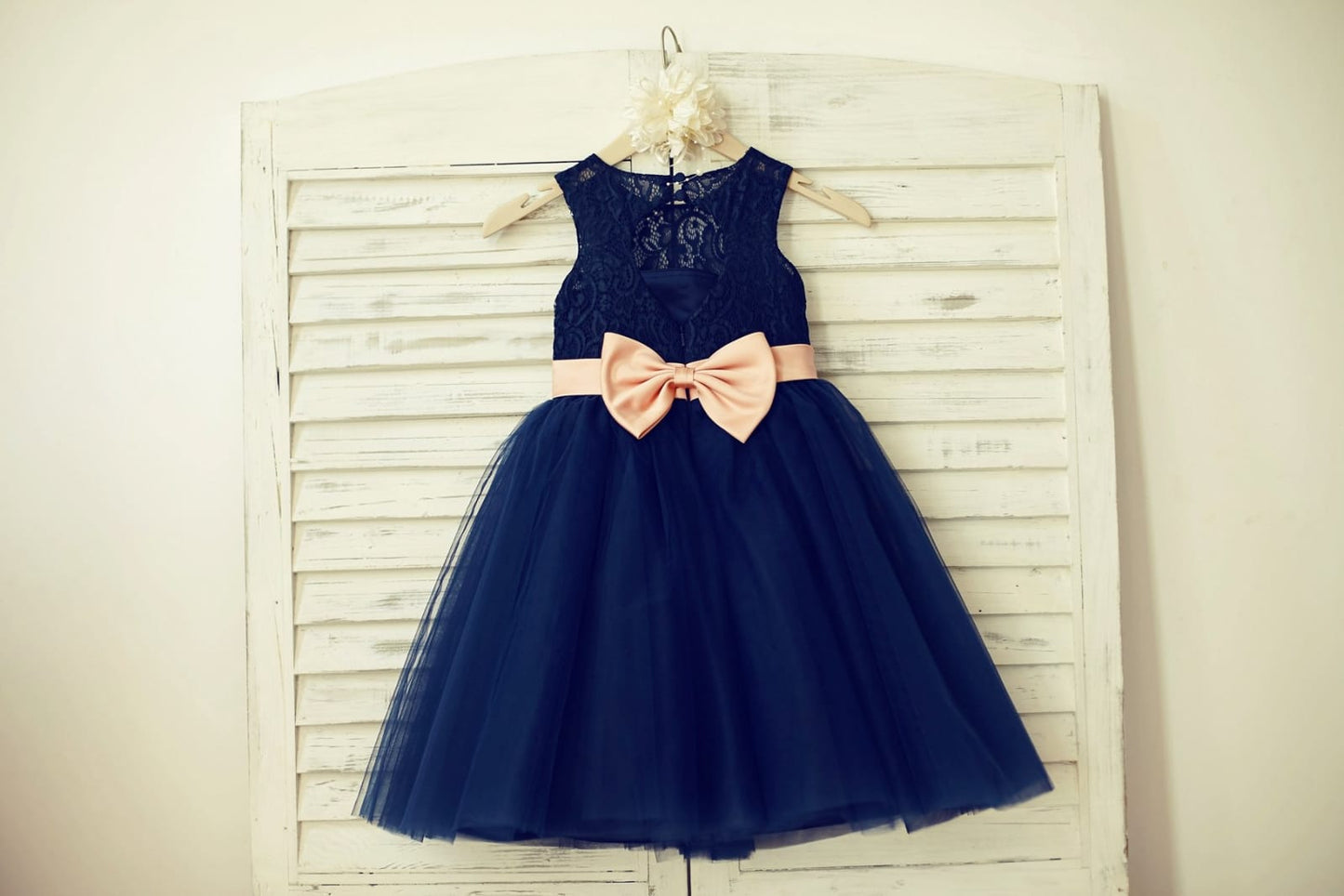 Navy Blue Lace Tulle Flower Girl Dress Keyhole Back with 