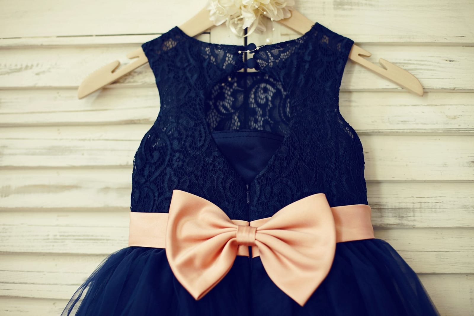 Navy Blue Lace Tulle Flower Girl Dress Keyhole Back with 