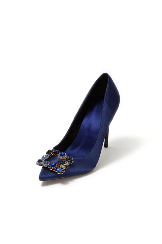 Navy Wedding Satin Pointed Toe Rhinestones Buckle Stiletto Heel Pumps