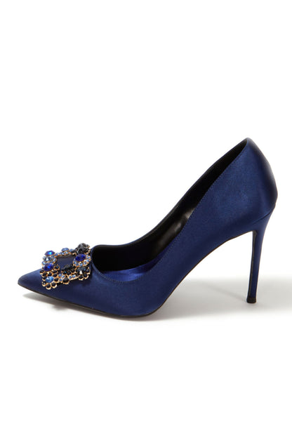 Navy Wedding Satin Pointed Toe Rhinestones Buckle Stiletto Heel Pumps